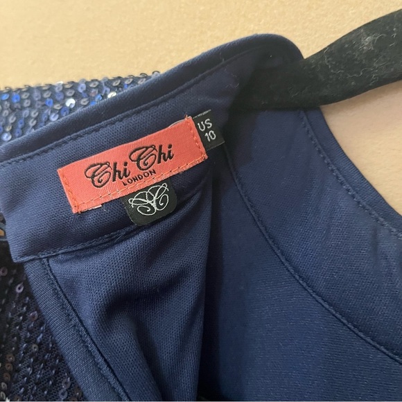 Chi Chi London Navy Blue Sequin Shift Dress Mock Neck Special Occasion Size 10 - Picture 5 of 16